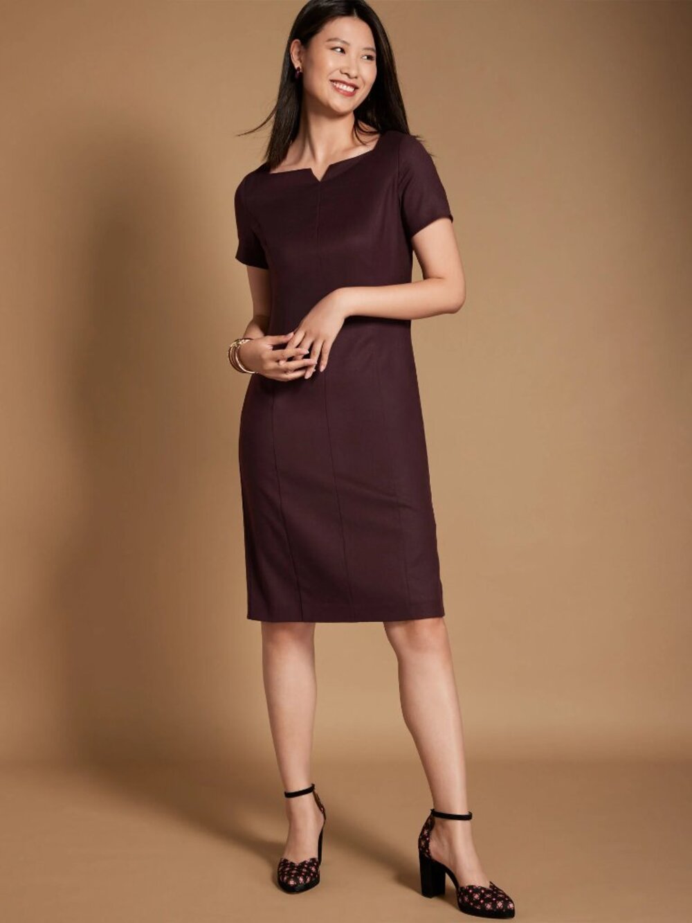 Talbots Flannel wool sheath dress purple shift purple eggplant short sleeve 14